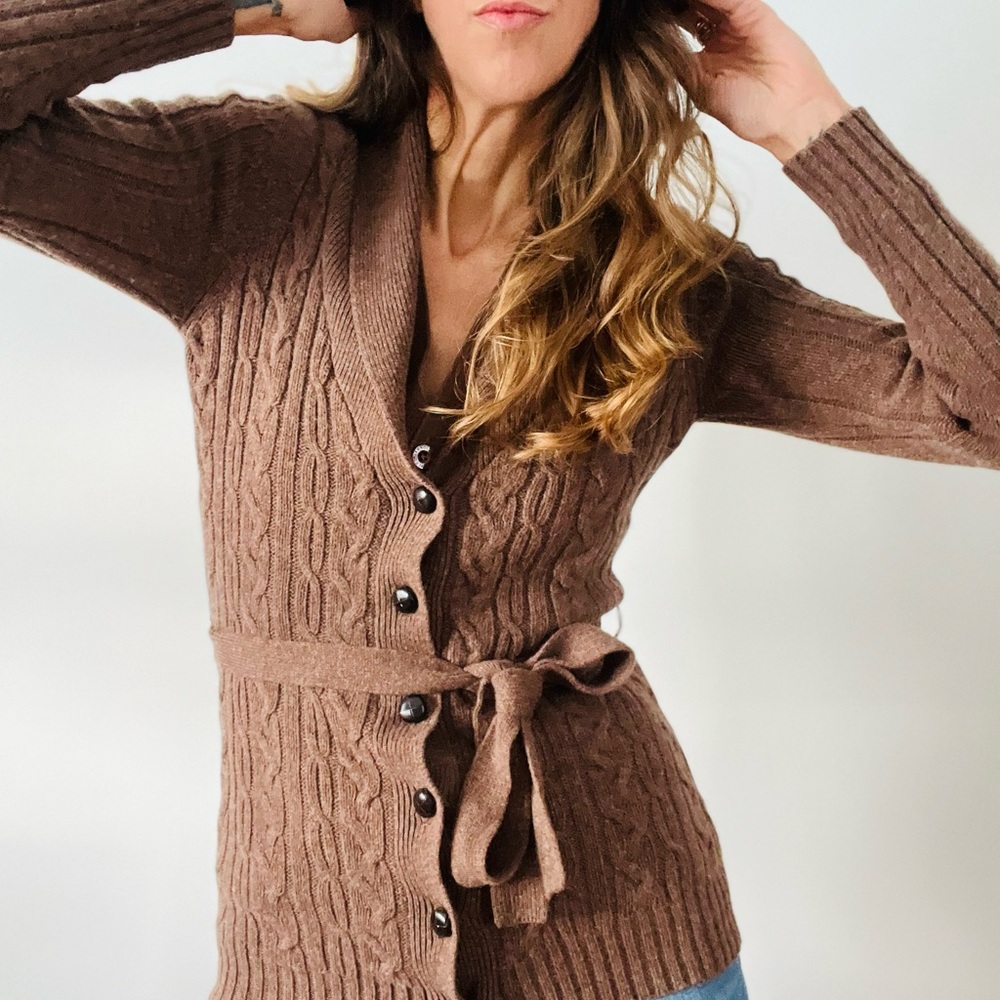 Women's Brown Cable Knit Cardigan Sweater